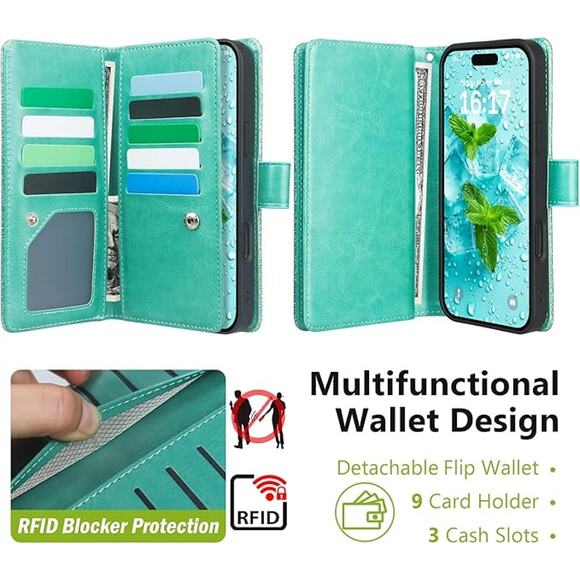 iPhone 16 Plus Turquoise Glitter Phone Case With  Detachable Wallet  Card Holder - Picture 8 of 16